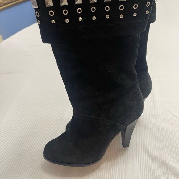 Michael Kors Boots Marabelle Black Studded Suede Heeled Booties Size 6.5 6 1/2 - Picture 1 of 10